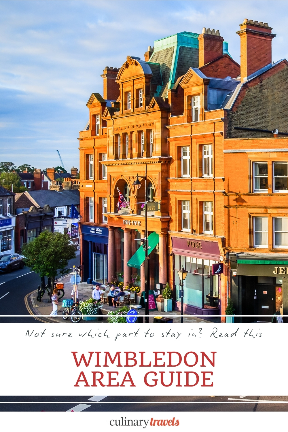 Pinterest-style social share graphic for a Wimbledon area guide, showing a warm evening view of Wimbledon Village with text encouraging readers to compare where to stay.